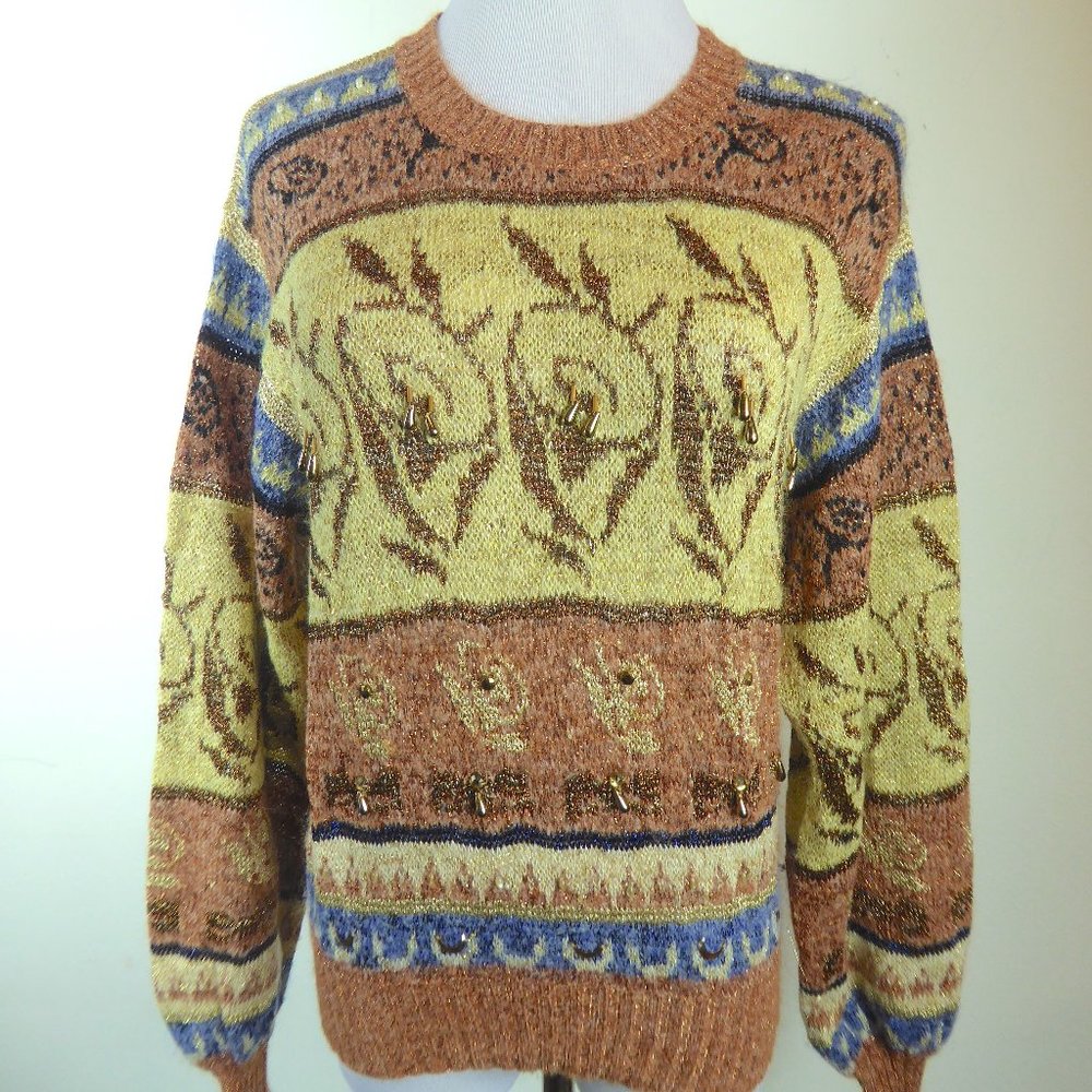 Krizia Bergdorf Goodman Sweater beaded blue gold fair isle VINTAGE M L I42